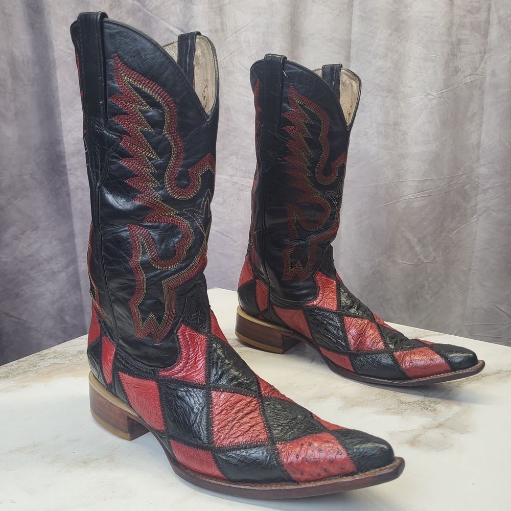 Pistolero Ostrich Diamond Patchwork Black/Red Western Cowboy Size 6.5 Men's